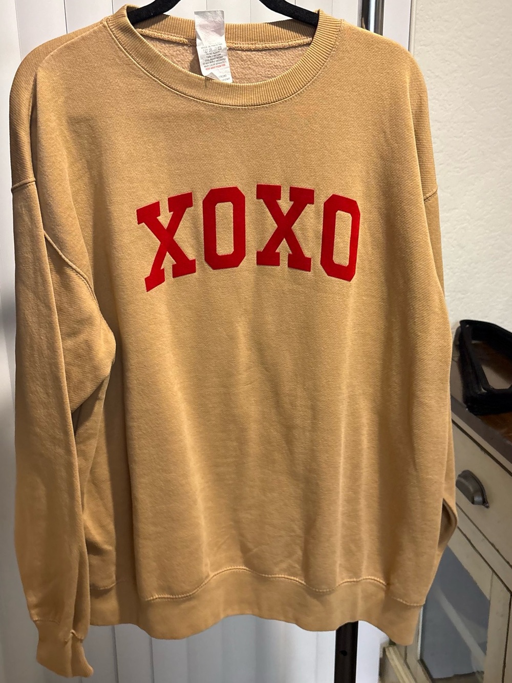 Women's Tan Crewneck Sweatshirt with Red XOXO Applique